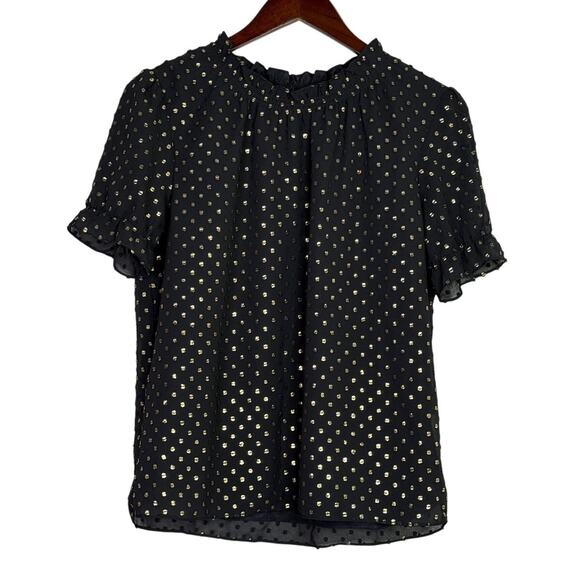 J. Crew Metallic Polka Dot Flowy Short Sleeve Baby Doll Blouse XS Black Gold - Picture 12 of 16